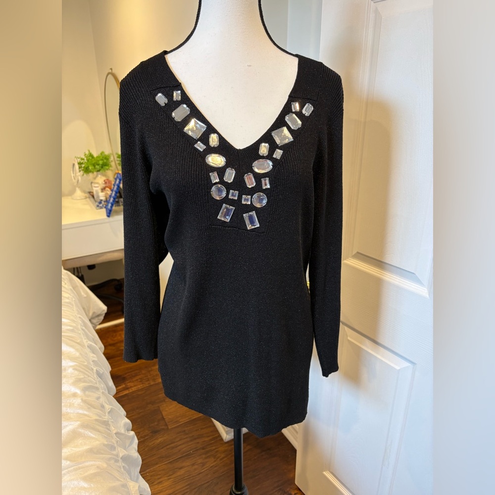 August Silk Black Rhinestone Embellished Knit Tunic Sweater 2X Holiday